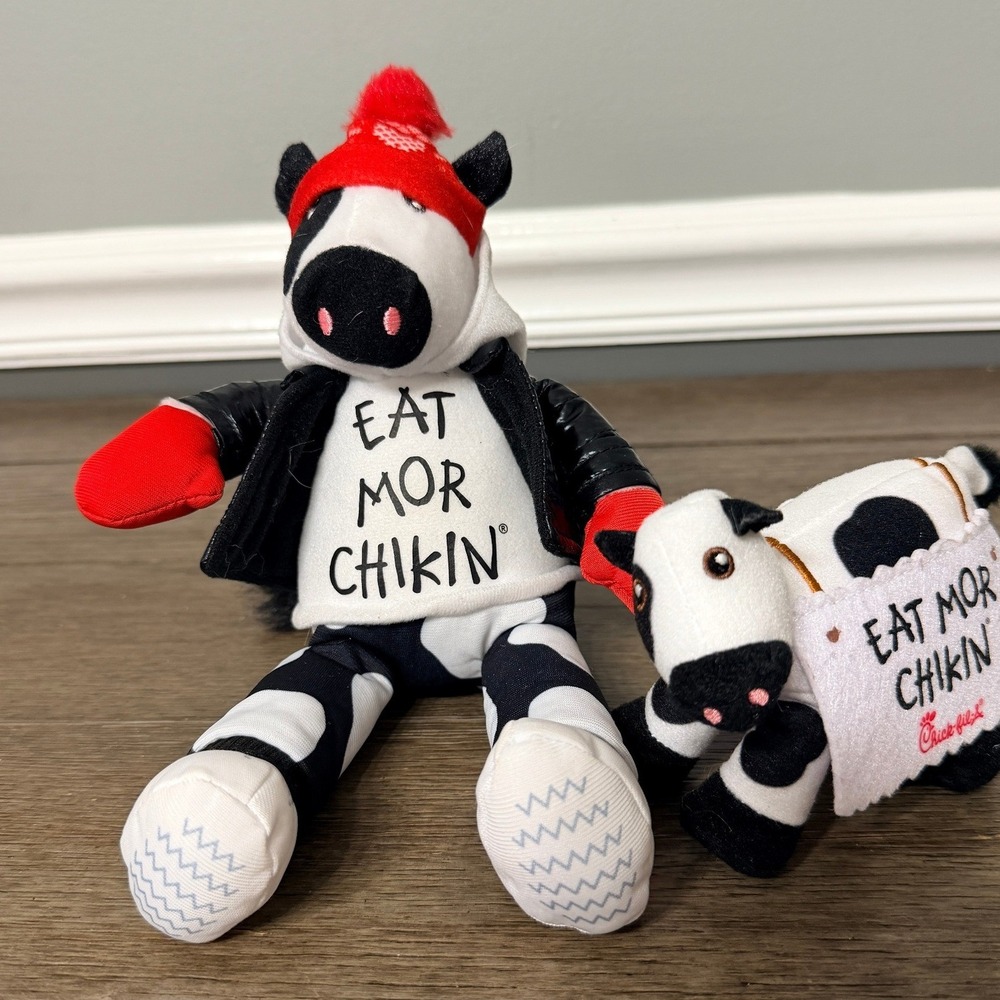 Chick-fil-A Eat Mor Chikin Cow Plush Set Winter Jacket Beanie Advertising 2pc